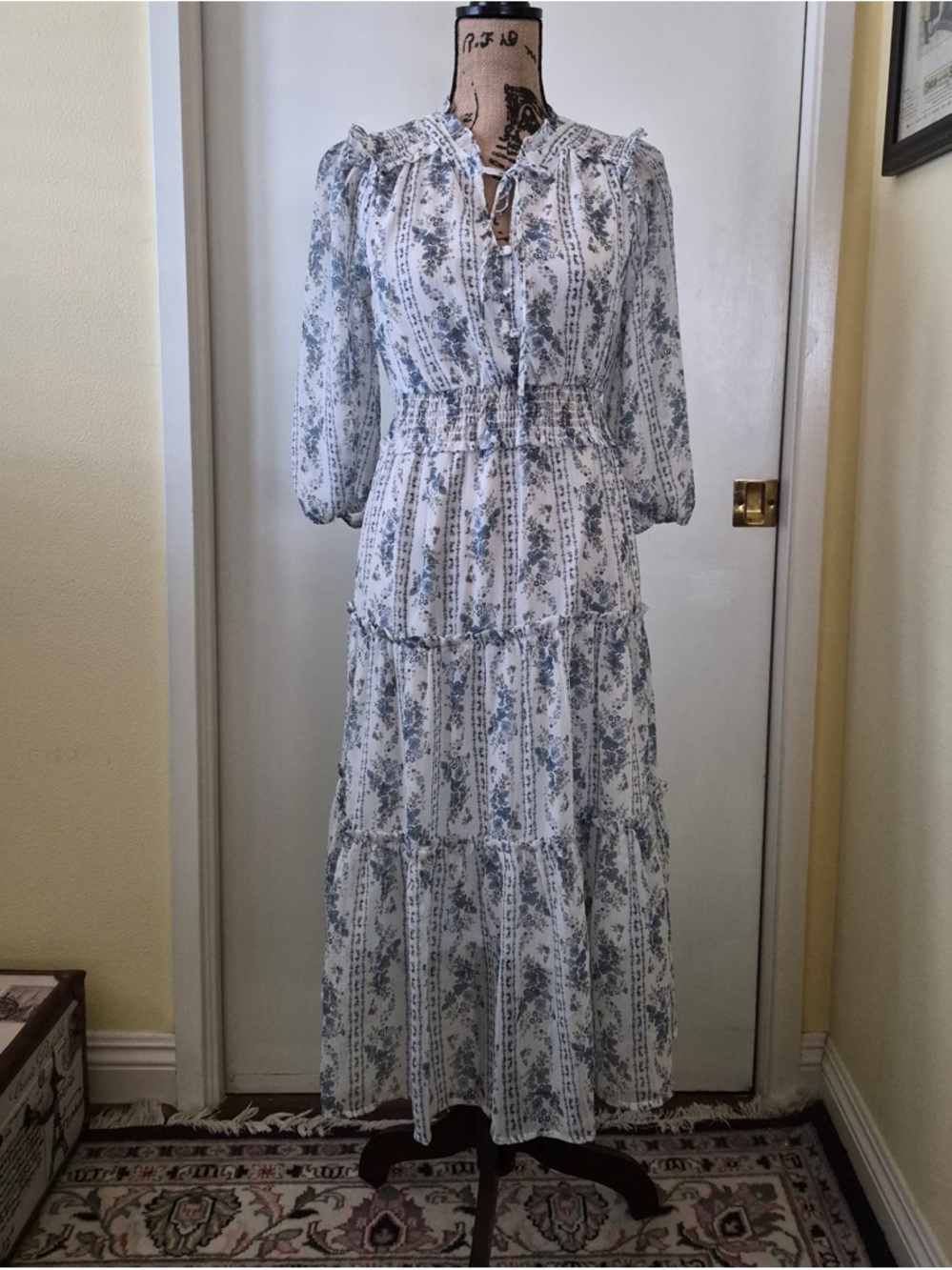 Blu Pepper White and Blue Floral Tiered Maxi Dress